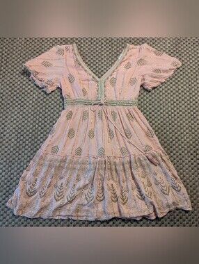 Ananta Pink Gold Embroidered Boho Flutter Sleeve Tassel Mini Dress size S/M